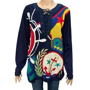 80s Vintage Nautical Novelty Sweater Medium Lace Up Colorful Embroidered 3D Navy